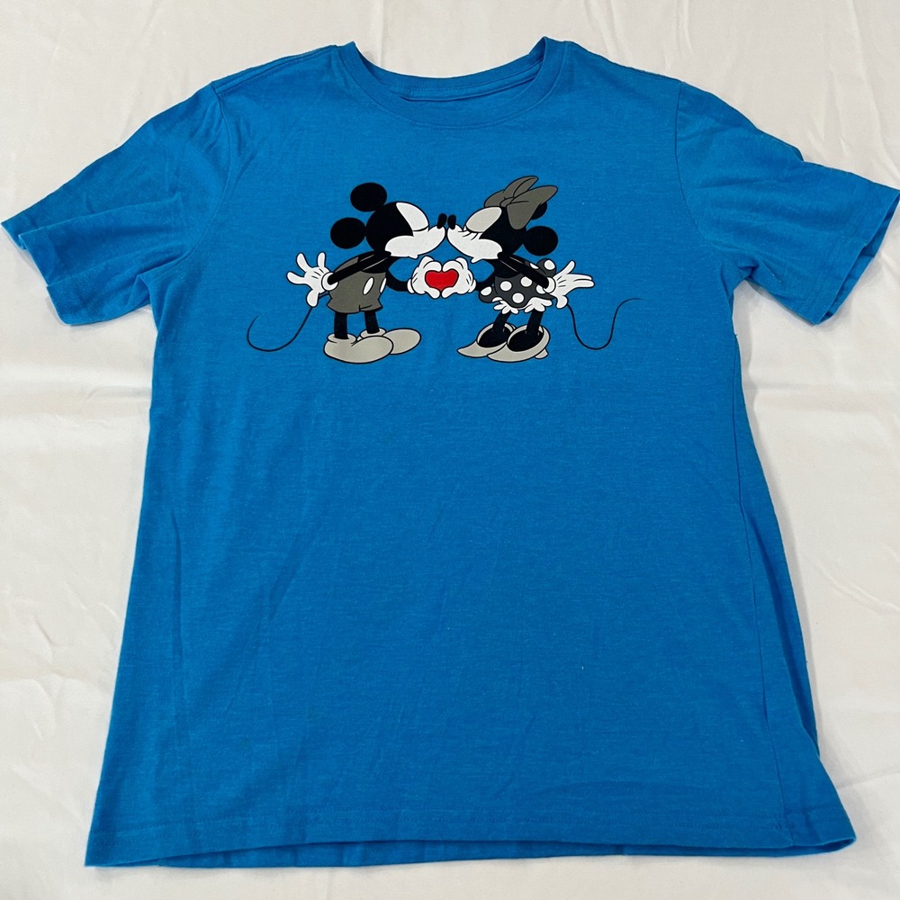 Disney Blue Mickey Minnie Mouse Kissing Heart Boys XL / Women's S‎ T Shirt